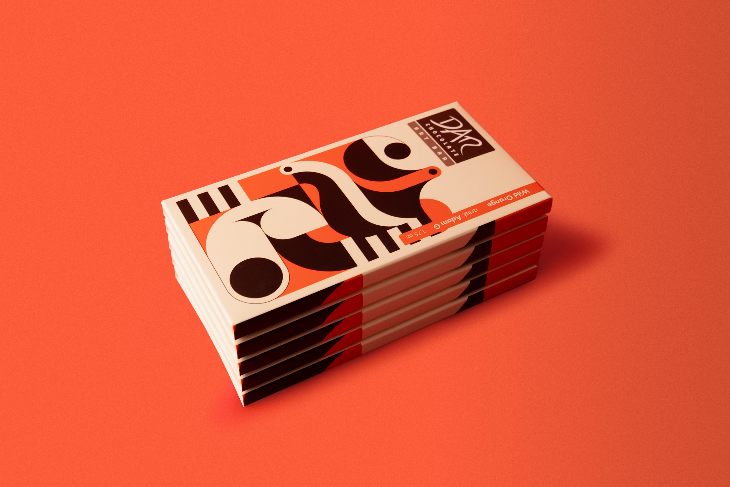 stack of 5 DAR chocolate bars lined up on orange