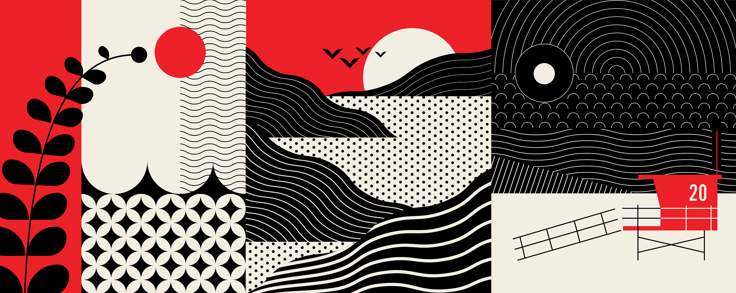 Triptych illustrations: left has flora curving over ocean and sun, center has mountains and ocean with sunset and birds, right is the beach with Tower 20 in Santa Monica with dark swirly sky